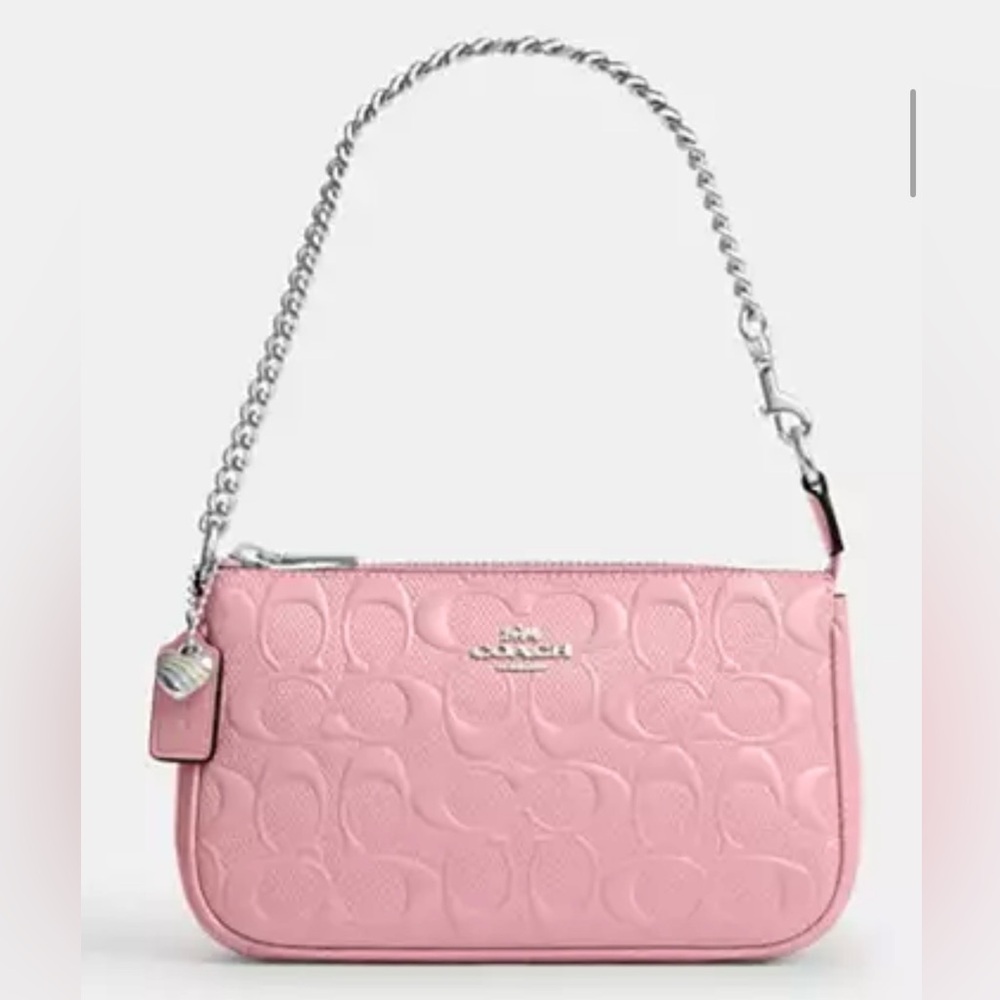 🩷Coach NWT Pink Pearlized Nolita19 Signature Leather/Heart Charm/SilverHardware